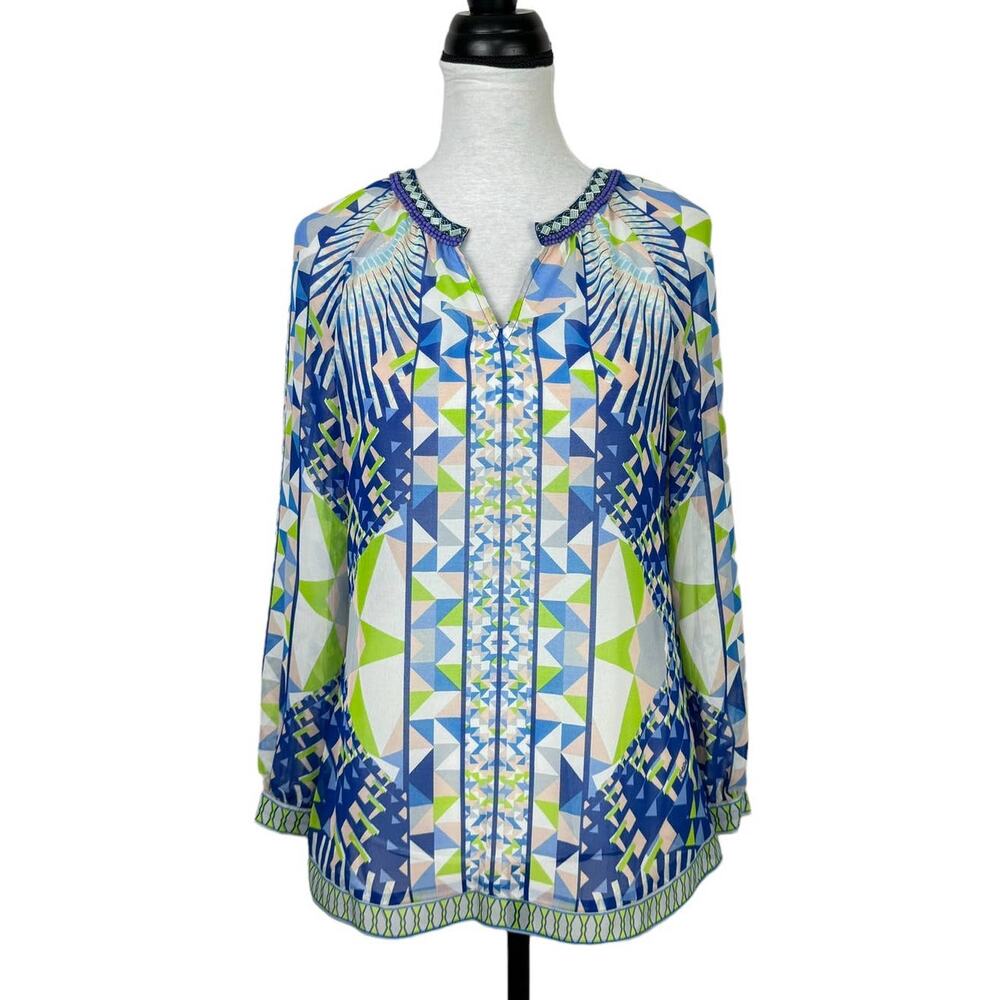 Hale Bob | Blue & Green Print Beaded Embellished V-neck Long Sleeve Blouse